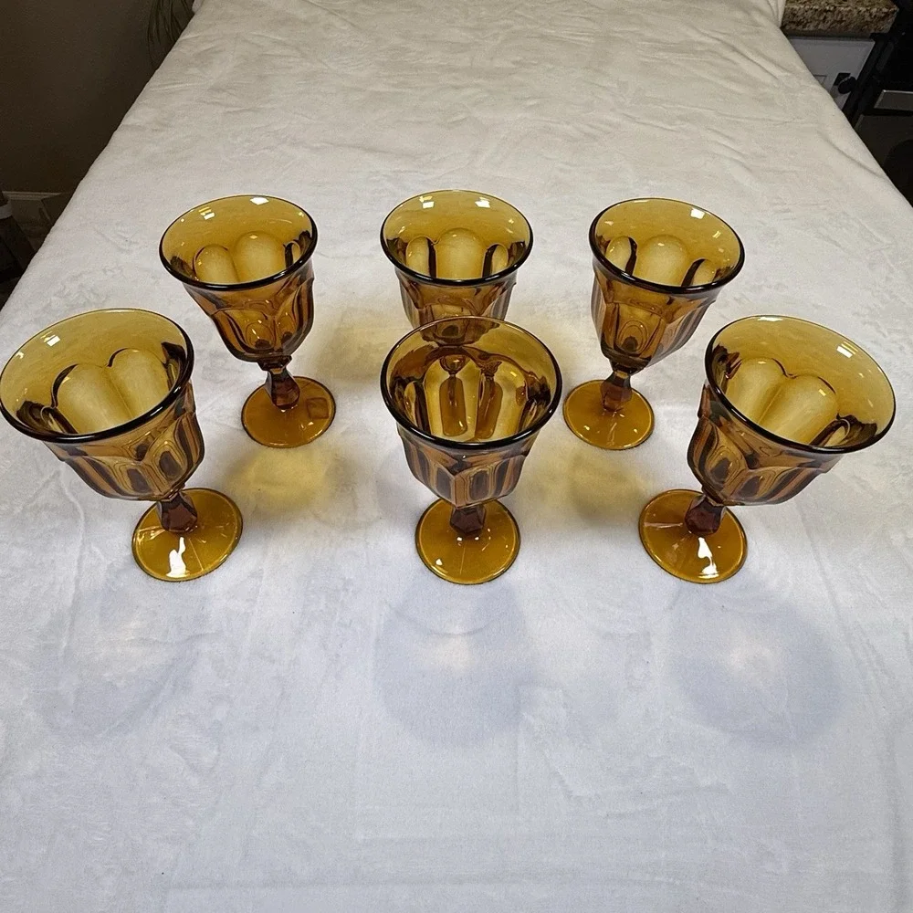 Imperial Lenox Amber Glass Goblets Set of 6 Vintage MCM Paneled Stemware